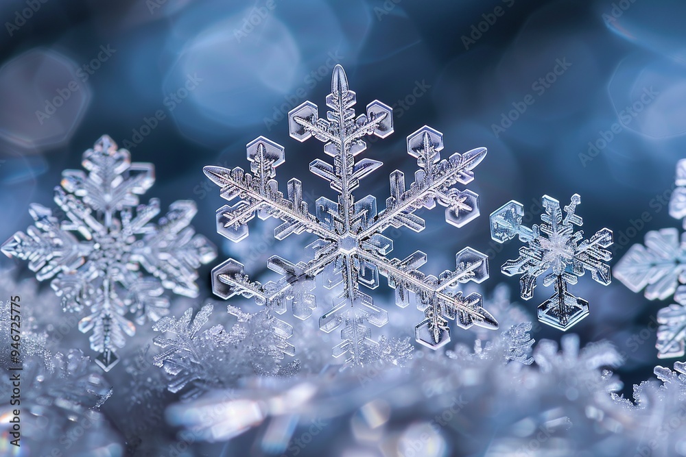 This stunning extreme close-up showcases delicate snowflakes falling, each with unique and intricate patterns, capturing the magic of winter as they catch the light in a mesmerizing display