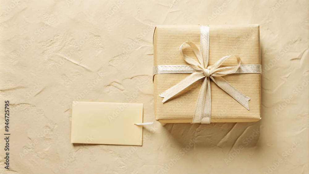 A flat lay of a beautifully wrapped gift with a ribbon and a handwritten note