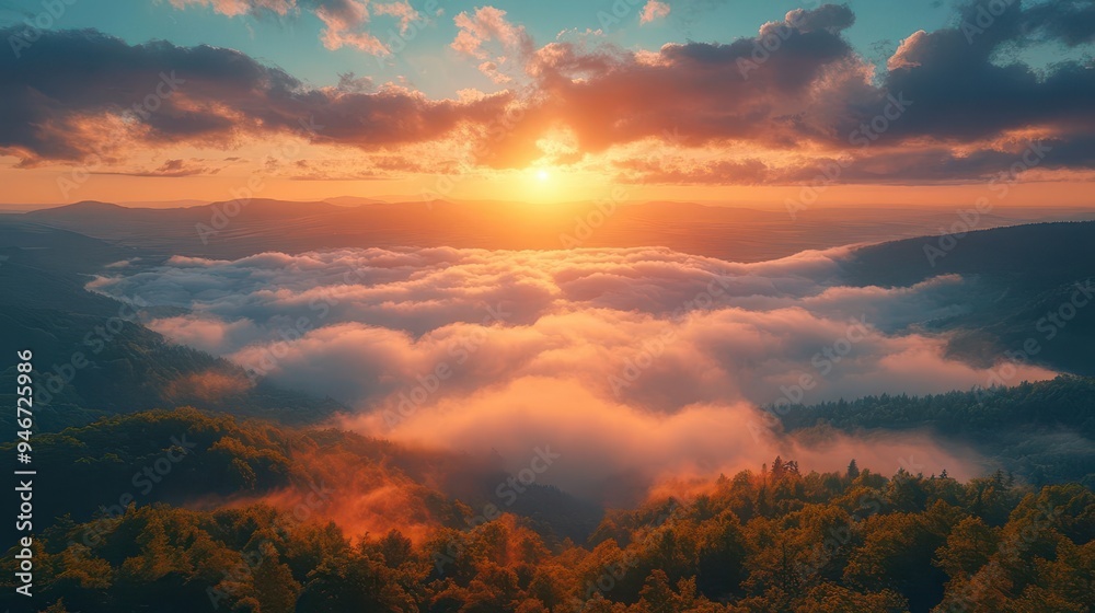 majestic sunrise over misty green mountains golden light piercing through fluffy clouds vibrant blue sky contrasts with the lush landscape creating a breathtaking panorama majestic sunrise over misty green mountains golden light piercing through fluffy clouds vibrant blue sky contrasts with the lush landscape creating a breathtaking panorama