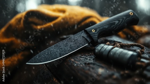 A close-up view of a Damascus knife with ornate designs placed on a rugged outdoor surface, blending the artistry of craftsmanship with the raw beauty of nature. photo