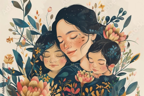 An elegant portrait of a mother with her children surrounding her with love illustration