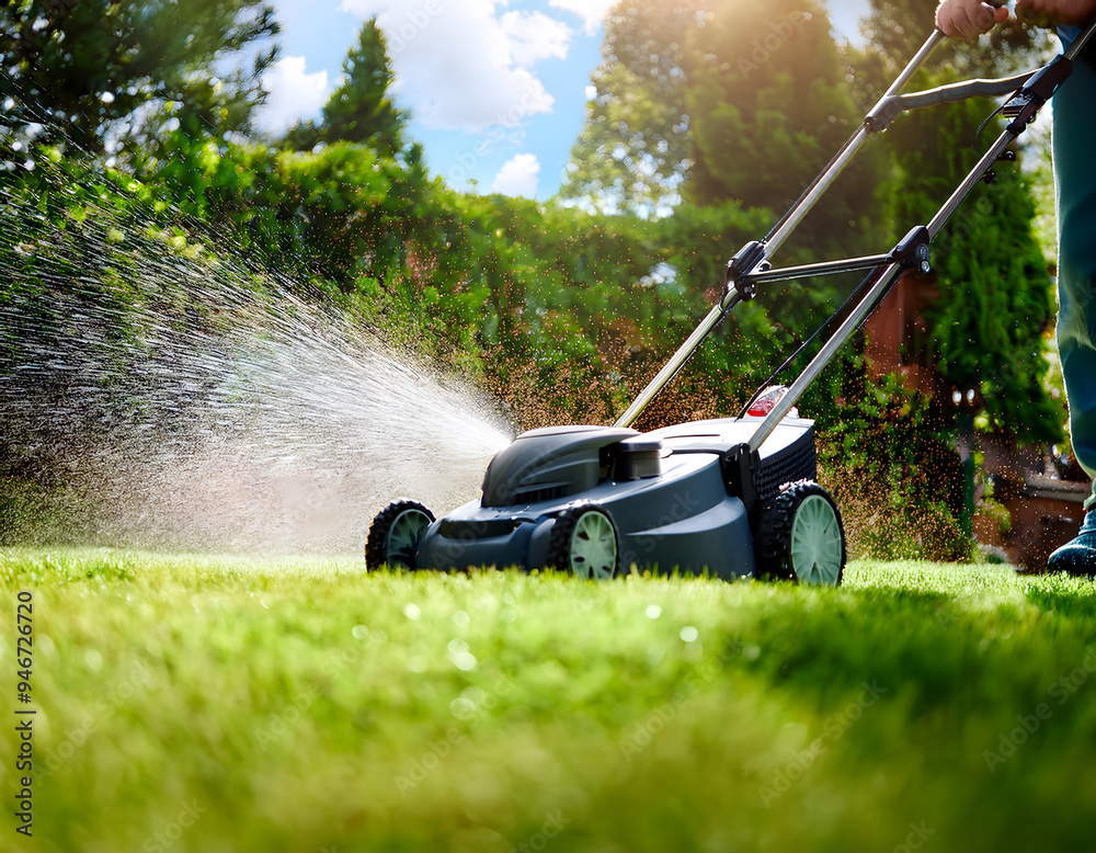 A man is using a lawn mower to cut the grass