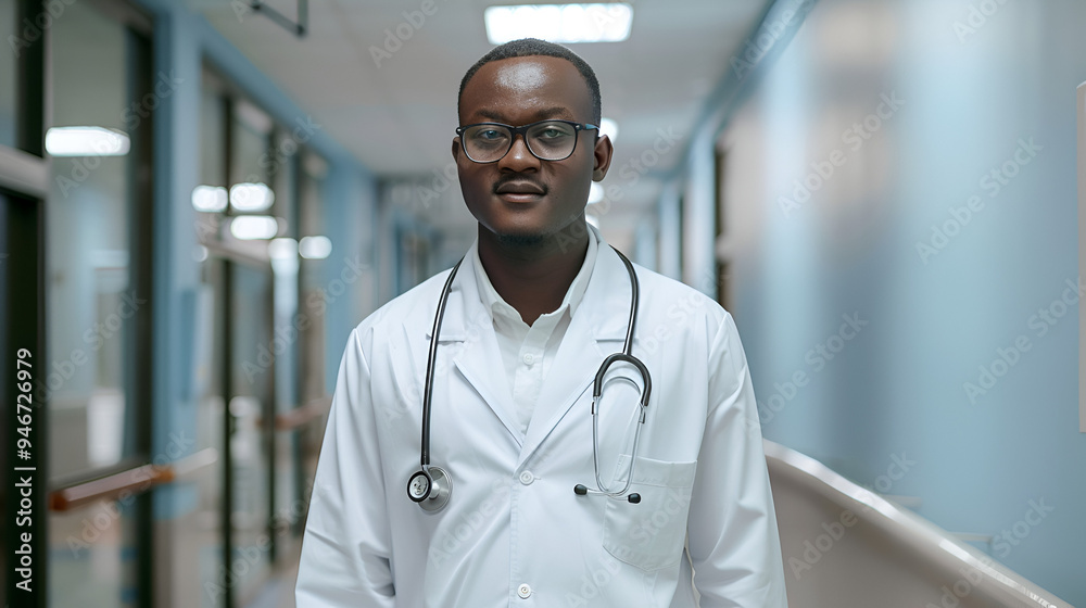 African male doctor wearing medical coat standing in hospital corridor African male doctor wearing medical coat standing in hospital corridor