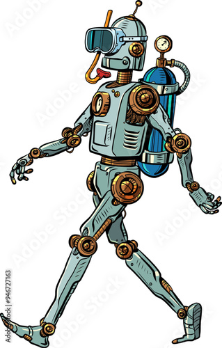 Pop Art Retro Vintage robot comes with scuba gear. Vacation selection recommendation system. Mesanisms for studying the deep sea.