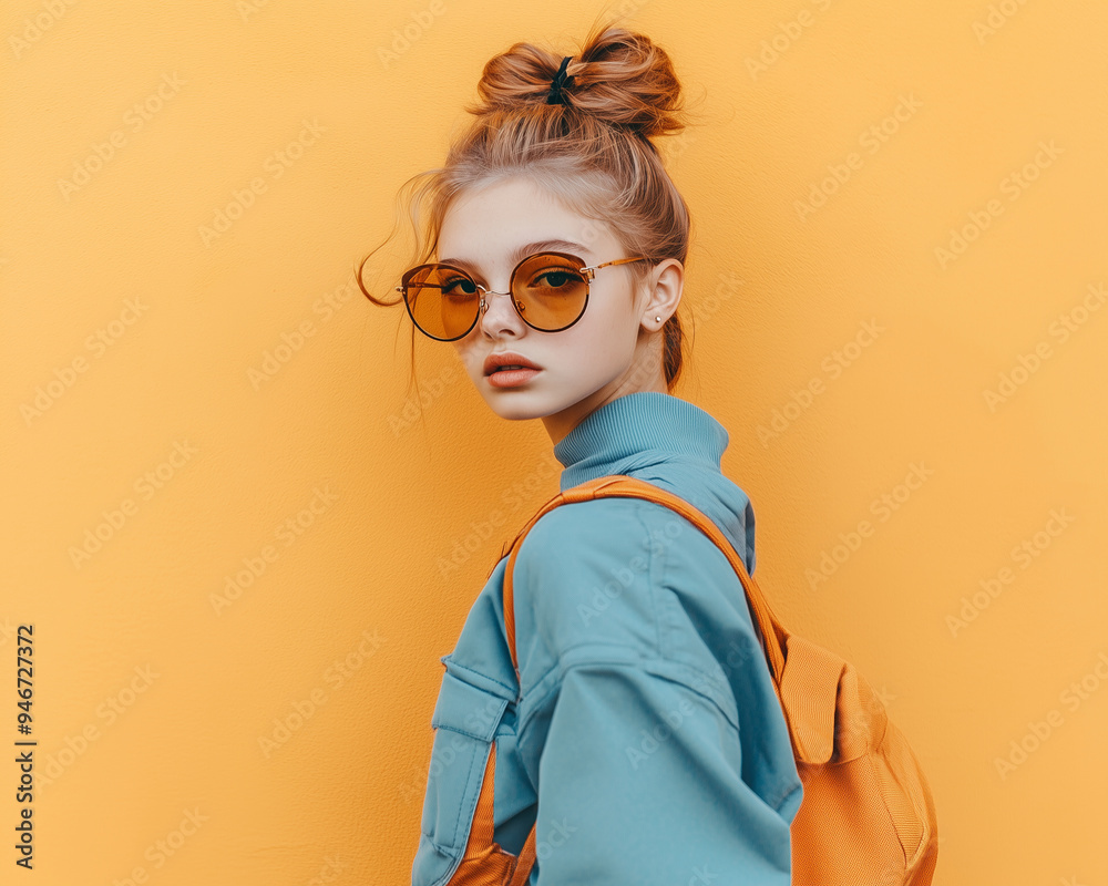 portrait of a girl with her hair in buns, wearing sunglasses and carrying an orange backpack portrait of a girl with her hair in buns, wearing sunglasses and carrying an orange backpack