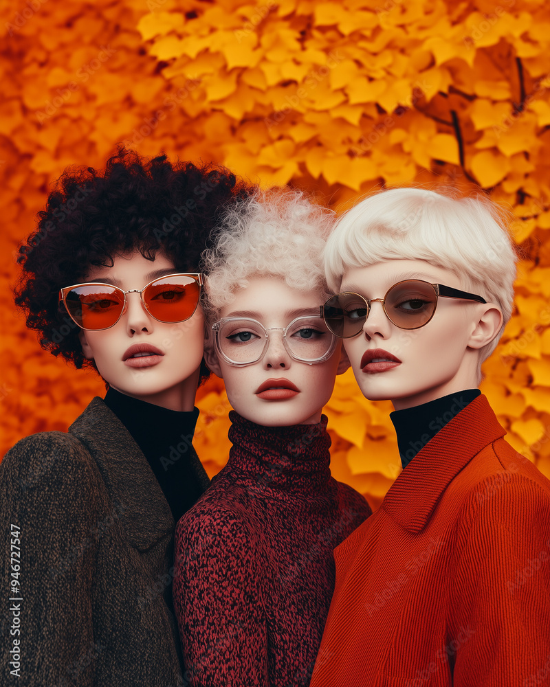 Obraz premium three androgynous models posing in autumn scenery