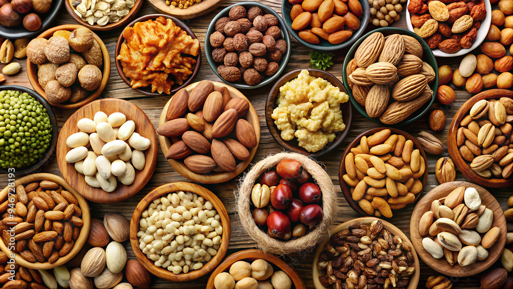Various kinds of dried fruits, seeds and nuts generated by AI.