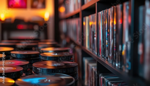 Blu-ray player in a home theater, with discs neatly arranged nearby