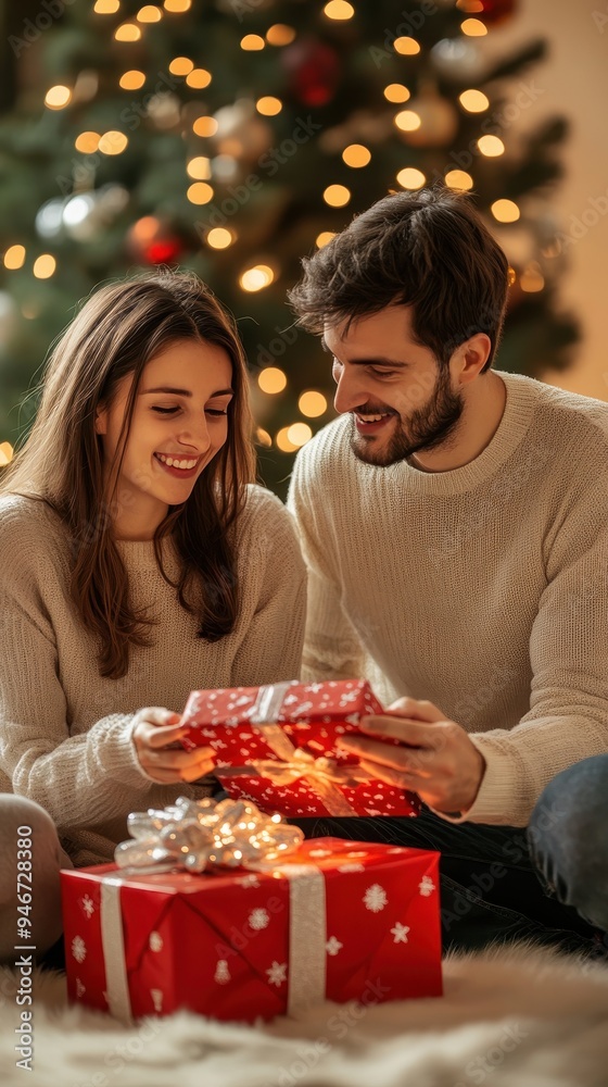A couple smiles and connects with family during a festive video chat, surrounded by holiday decorations and gifts