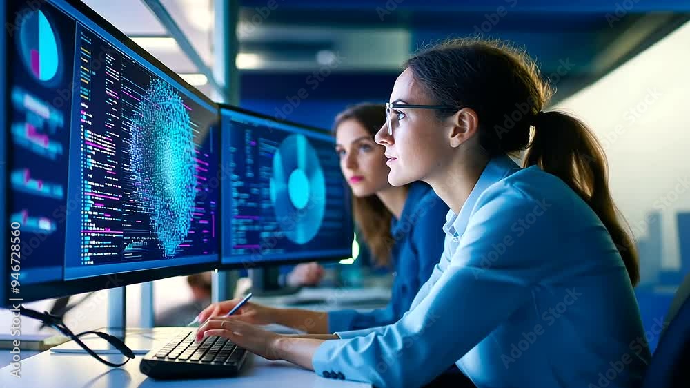 Two software engineers work together on a machine learning project ...