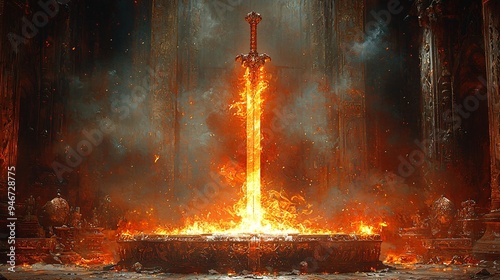 An imposing sword with a flaming blade, placed on an altar in an ancient, mysterious temple