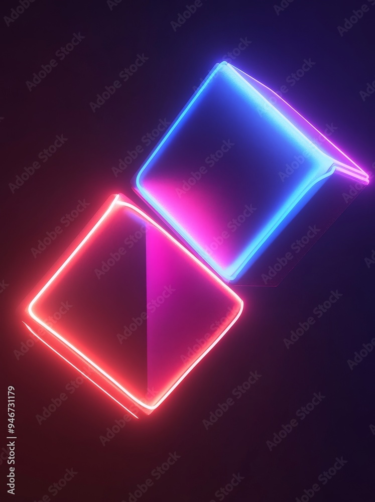 Render of 3D, abstract minimal geometric background. Neon lines, stage laser show illumination. Blank rectangles, square frames, virtual reality with copy space. Render of 3D, abstract minimal geometric background. Neon lines, stage laser show illumination. Blank rectangles, square frames, virtual reality with copy space.
