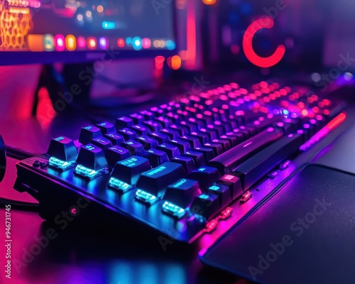 Gaming keyboard with mechanical keys, on a vibrant gaming desk