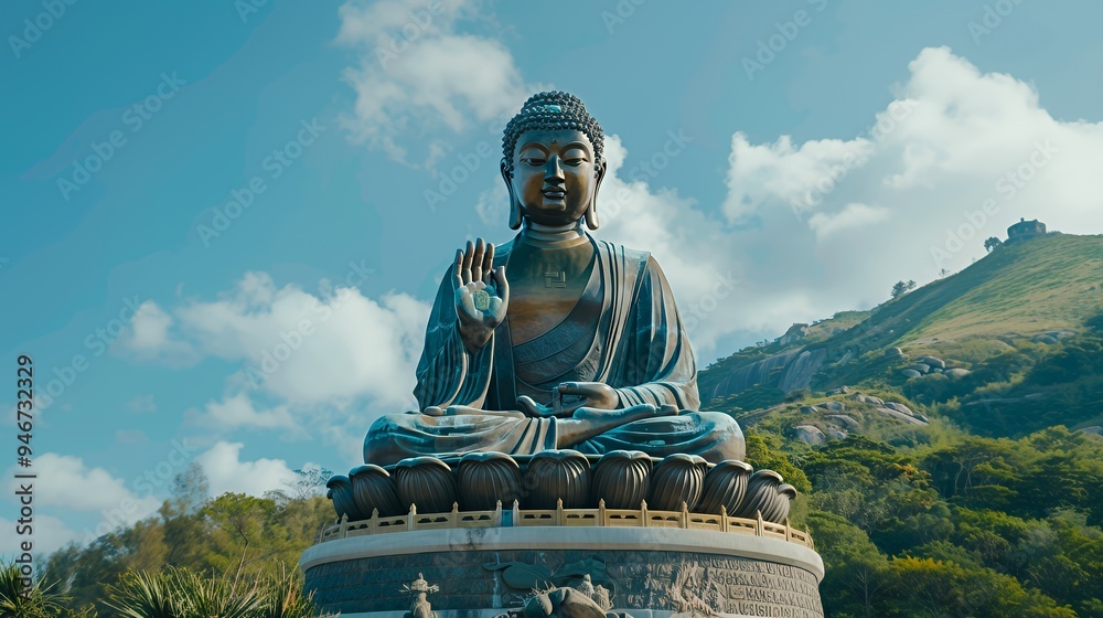 Fototapeta premium A large seated Buddha statue surrounded by greenery under a blue sky.