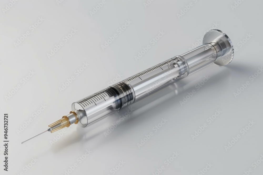 Empty medical syringe laying on its side on a reflective surface Empty medical syringe laying on its side on a reflective surface