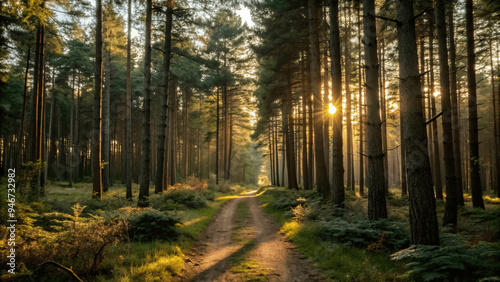 A serene forest scene with a path leading through sun light