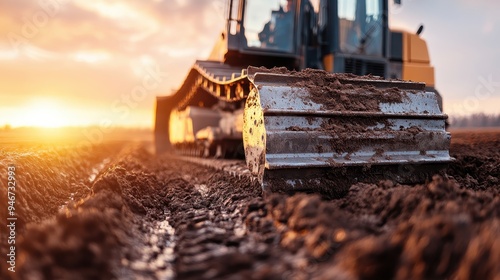 A bulldozer in action pushing soil on a construction site at sunset, illustrating the strength and power of construction machinery in an industrial setting.