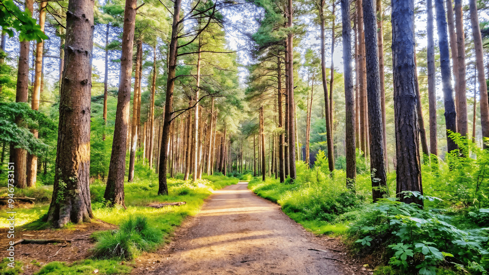 A serene forest scene with a path leading through sun light A serene forest scene with a path leading through sun light