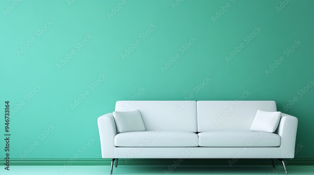 a white couch sitting in front of a green wall a white couch sitting in front of a green wall