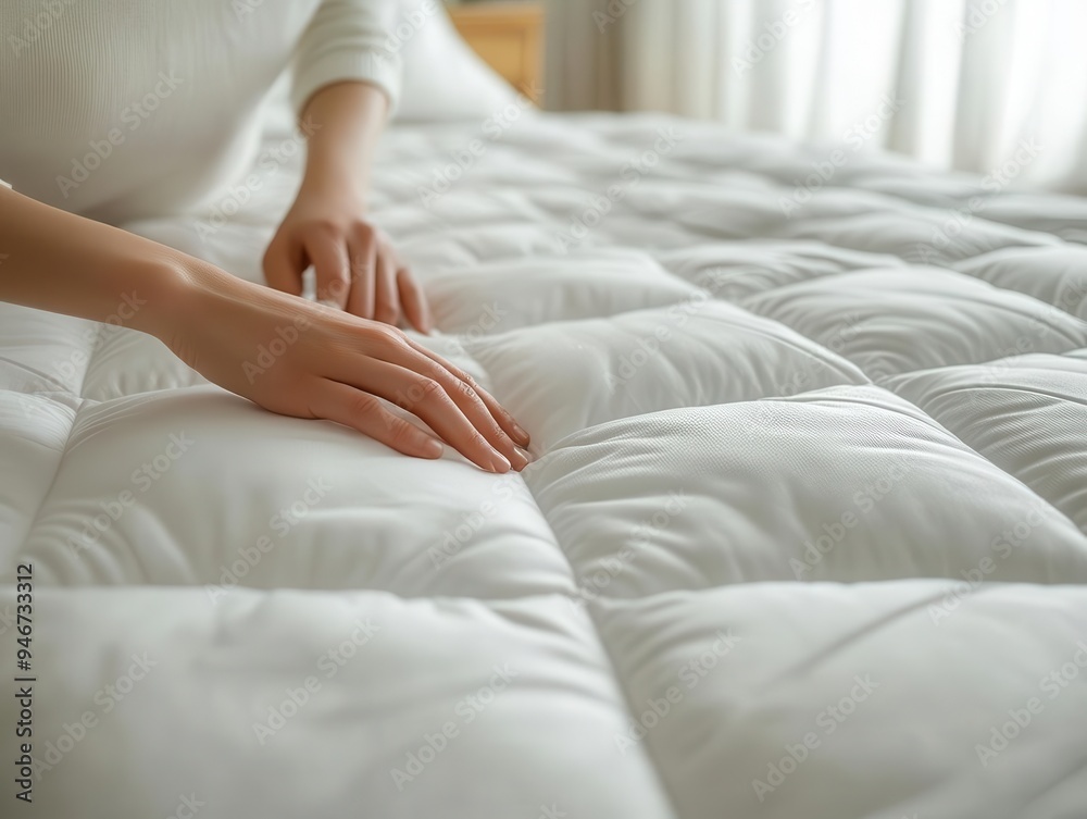 Mattress protector with cover being placed on a bed, with a focus on cleanliness Mattress protector with cover being placed on a bed, with a focus on cleanliness