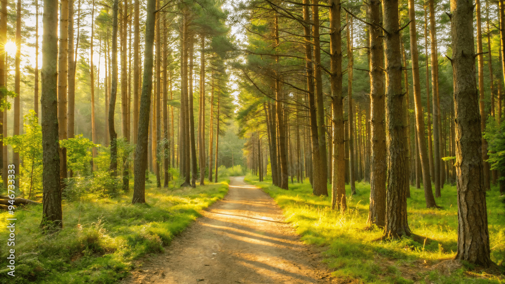 Obraz premium A serene forest scene with a path leading through sun light