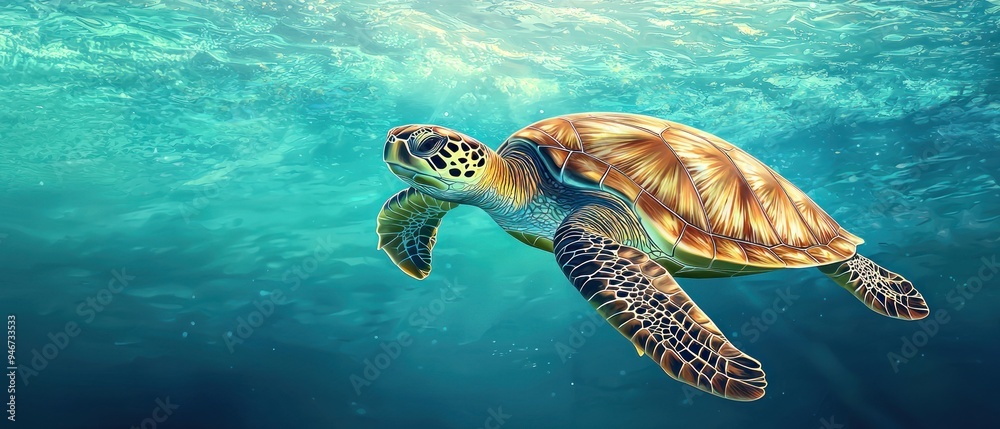 Fototapeta premium Sea Turtle Swimming Through Sunlit Turquoise Water