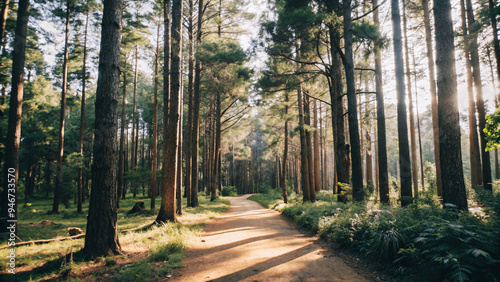 A serene forest scene with a path leading through sun light