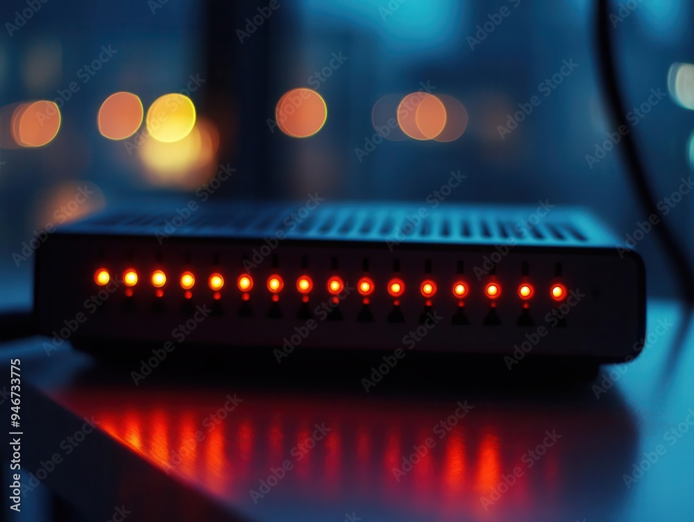 Modem with lights blinking, indicating an active internet connection Modem with lights blinking, indicating an active internet connection