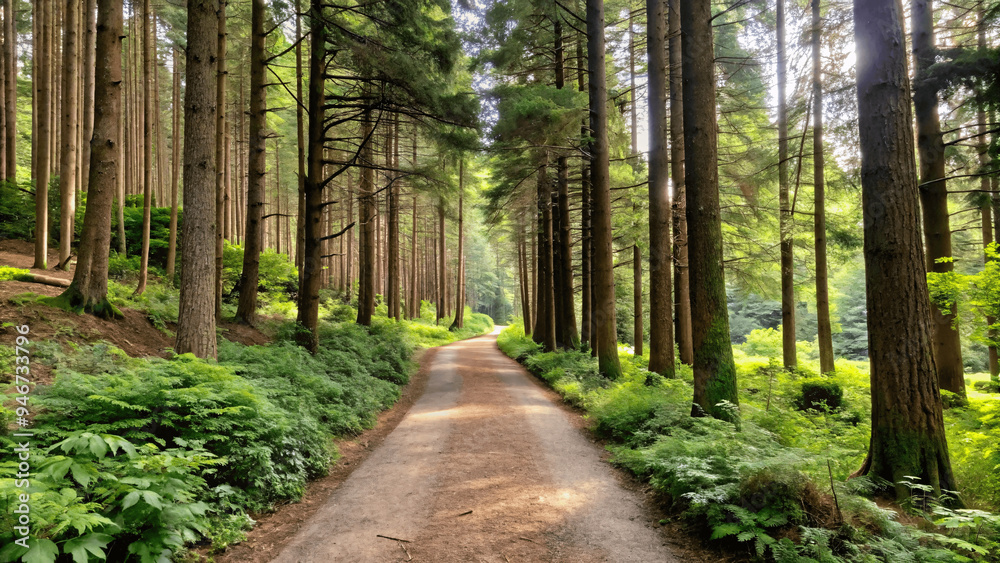 A serene forest scene with a path leading through sun light A serene forest scene with a path leading through sun light