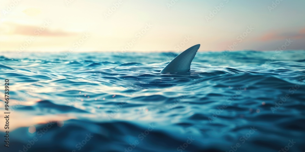 Naklejka premium Photorealistic Image of Open Ocean with Shark Fin Breaching at Waterline Depth of Field Blur