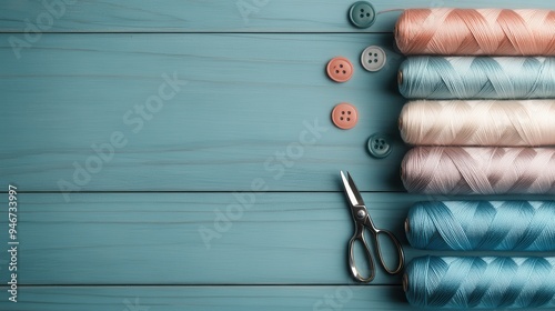 A visually appealing arrangement of colorful sewing threads, buttons, and a pair of scissors is depicted, showcasing the essentials of sewing and crafting activities with vibrant aesthetics. photo