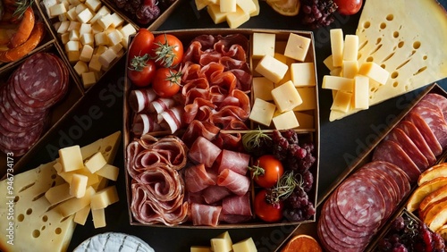 Charcuterie box with cheese, cured meats, and fresh tomatoes photo