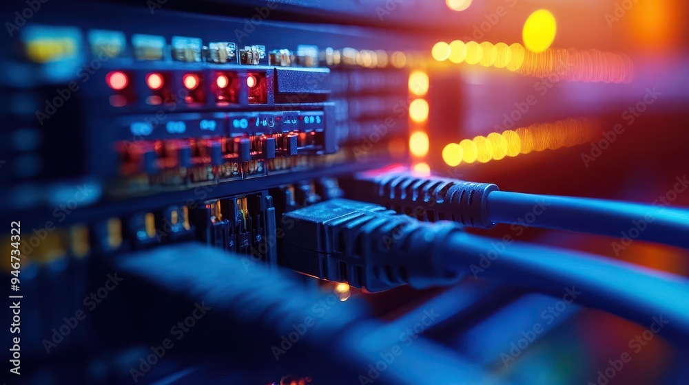 Network switch with multiple Ethernet cables plugged in, organizing a network Network switch with multiple Ethernet cables plugged in, organizing a network