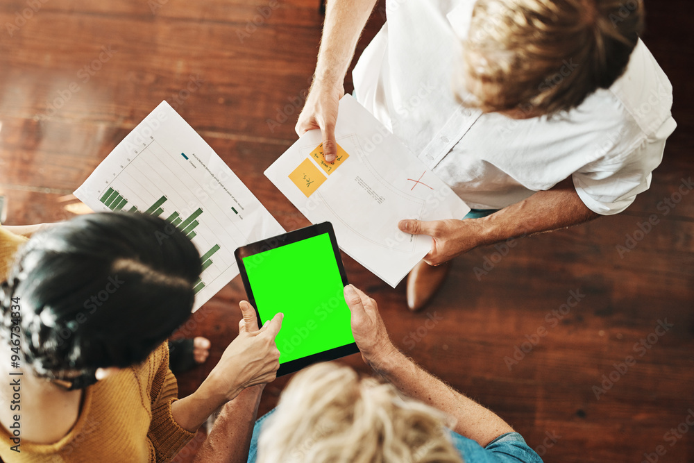 Meeting, people and above with green screen on tablet in office for sales analysis, kpi and planning. Busines, cost management and graph with mockup space for profit growth, solution or brainstorming Meeting, people and above with green screen on tablet in office for sales analysis, kpi and planning. Busines, cost management and graph with mockup space for profit growth, solution or brainstorming