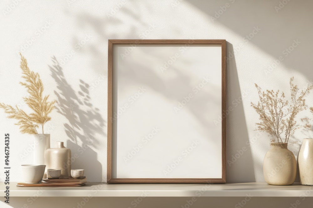 Stock minimalist photography of an empty frame on a wooden dresser with minimalist decorations Stock minimalist photography of an empty frame on a wooden dresser with minimalist decorations