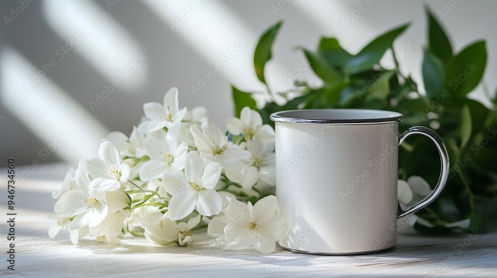 a white mug with a silver rim sitting next to a bunch of white flowers a white mug with a silver rim sitting next to a bunch of white flowers