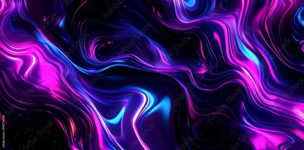 Fototapeta premium Purple iridescent shiny wave on a black background, liquid glass texture, abstract 3D background