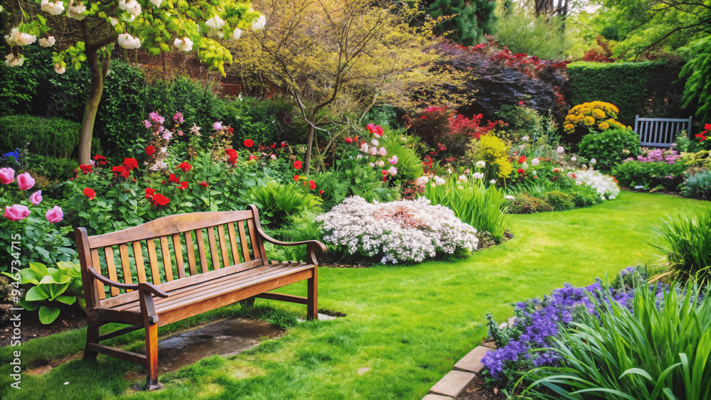 A tranquil garden scene with blooming flowers A tranquil garden scene with blooming flowers