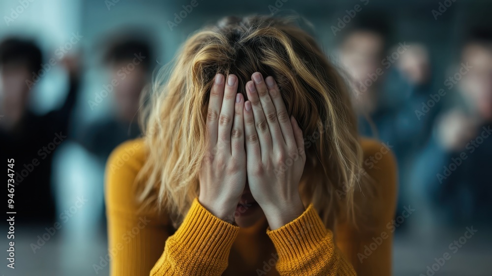 A woman in a yellow sweater hides her face with her hands as people in the background point fingers, creating a sense of bullying or exclusion in a dimly lit environment. A woman in a yellow sweater hides her face with her hands as people in the background point fingers, creating a sense of bullying or exclusion in a dimly lit environment.