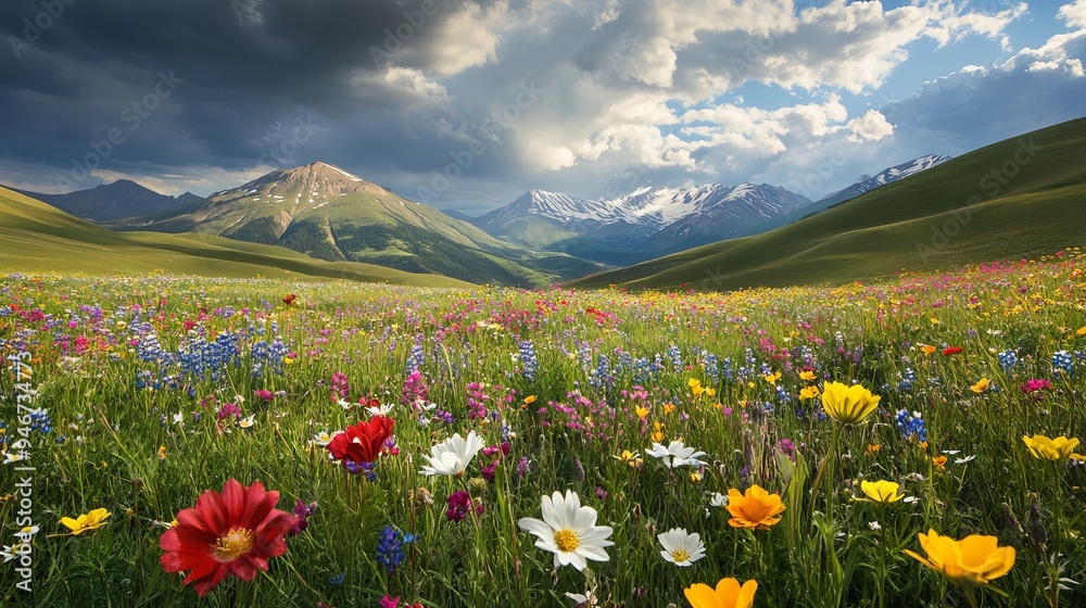 Obraz premium Colorful Meadow Flowers Under the Mountains