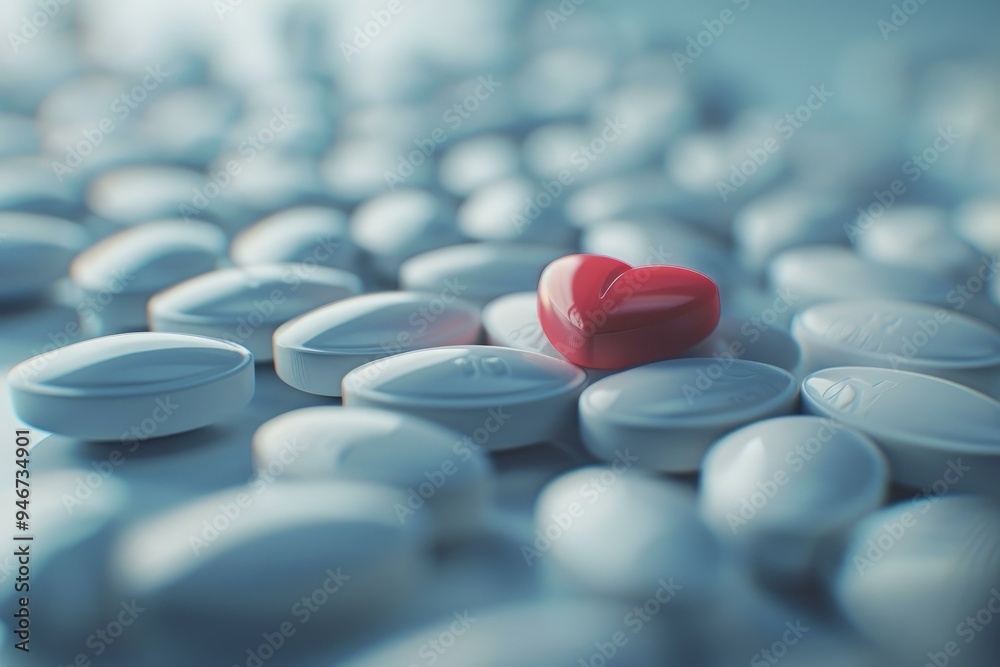 Single red heart shaped pill surrounded by a multitude of white pills representing the treatment of cardiovascular desease Single red heart shaped pill surrounded by a multitude of white pills representing the treatment of cardiovascular desease