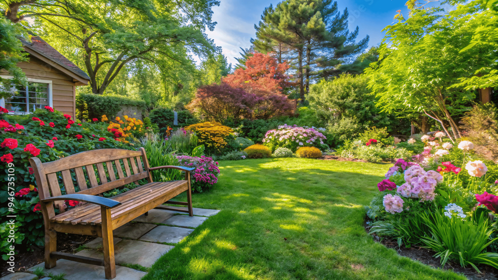 A tranquil garden scene with blooming flowers A tranquil garden scene with blooming flowers