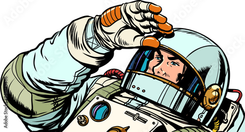 Pop Art Retro A male astronaut looks over the horizon in his gear. Space promotions and offers for customers. Look into the distance and strive for your dreams.