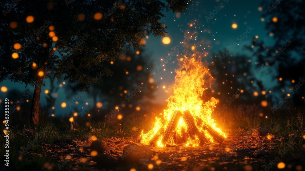A fire is burning in a field at night. The fire is surrounded by a lot of smoke and sparks. The scene is dark and mysterious, with the fire providing a warm and inviting glow A fire is burning in a field at night. The fire is surrounded by a lot of smoke and sparks. The scene is dark and mysterious, with the fire providing a warm and inviting glow