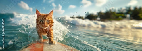 Cat surfing on a wave in the ocean. Action shot in bright daylight. Summer vacation and adventure concept. photo