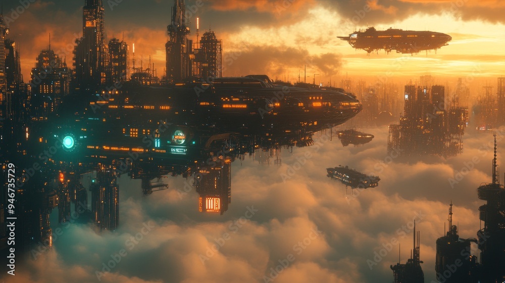 Fototapeta premium Floating city among clouds, steampunk airships, neon lights, mechanical birds, cyberpunk aesthetic