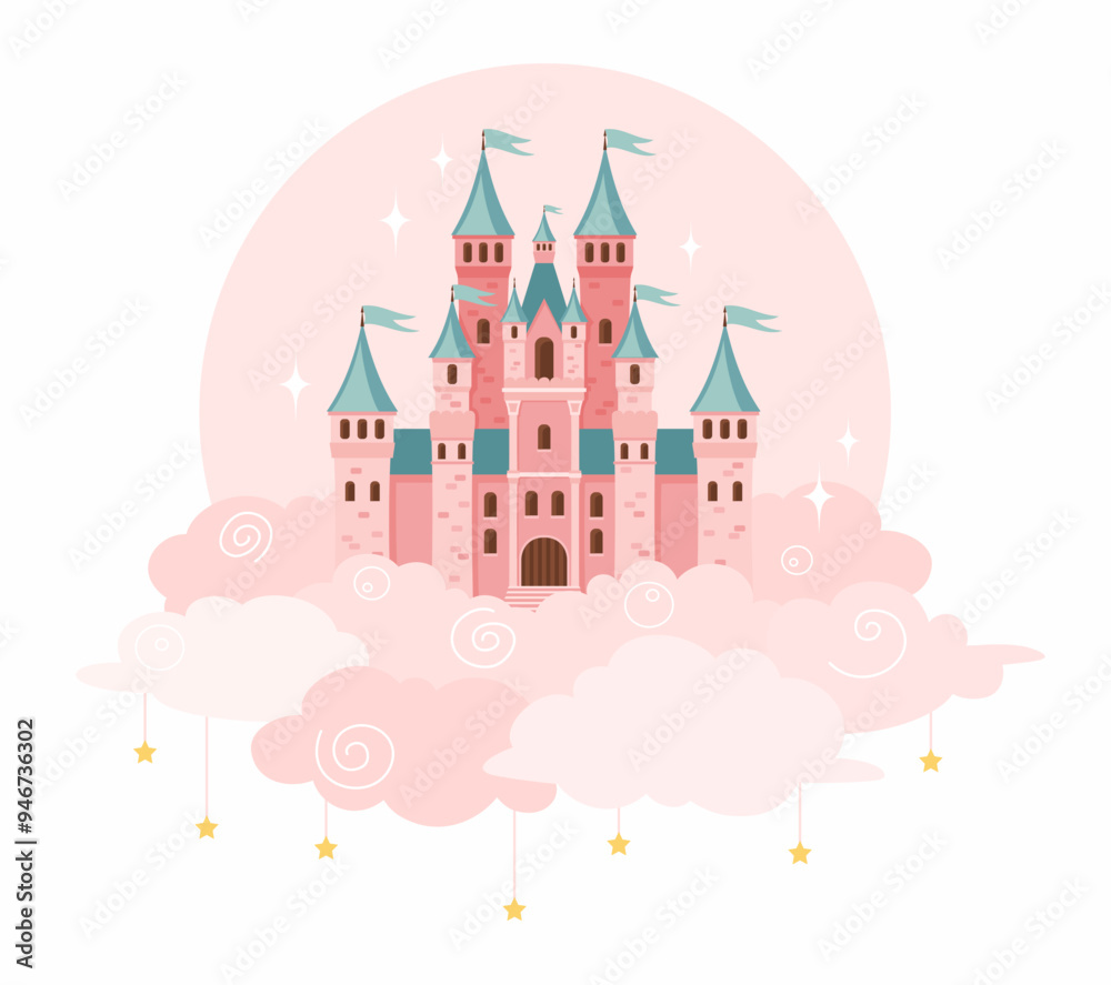 Fototapeta premium Pink magic castle on a cloud. Flat vector illustration.