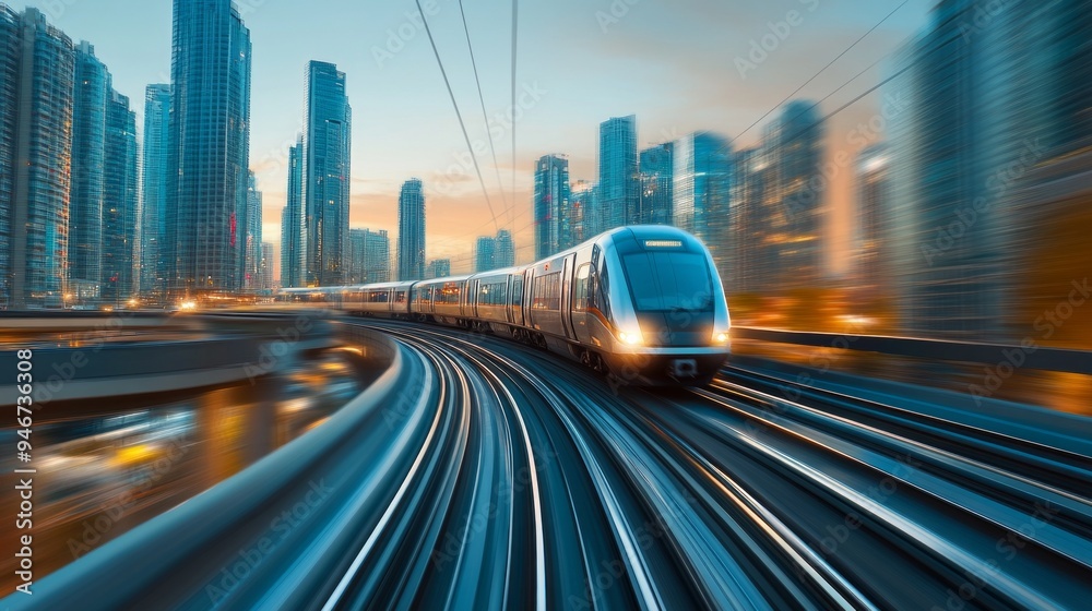 A sleek modern train glides through a vibrant city landscape. The scene captures urban energy and innovation. This image showcases a dynamic view of transportation. AI A sleek modern train glides through a vibrant city landscape. The scene captures urban energy and innovation. This image showcases a dynamic view of transportation. AI