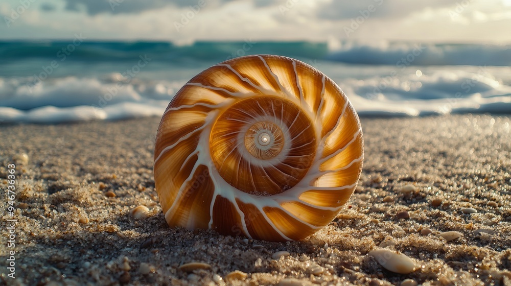 Golden ratio composition in a spiral seashell on a beach Golden ratio composition in a spiral seashell on a beach