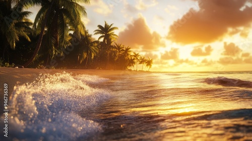 Golden hour beach, palm trees, waves crashing